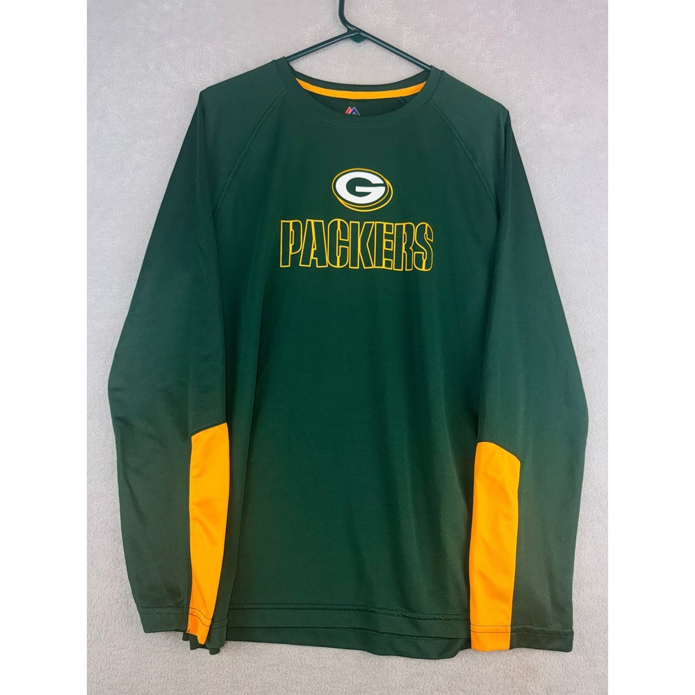 Majestic Mens Large Green Bay Packers NFL Cool Base Long Sleeve Shirt Green Gold